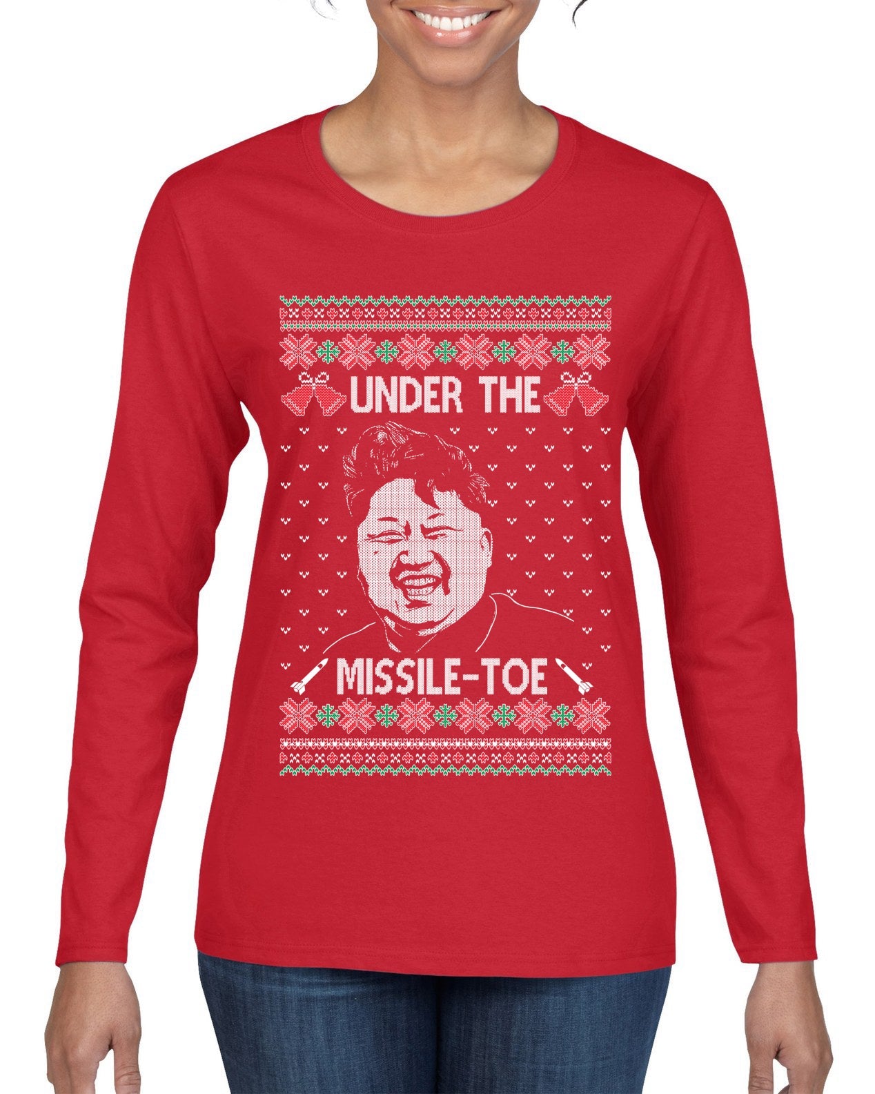 Under The Missle Toe Ugly Christmas Sweater Womens Graphic Long Sleeve T-Shirt