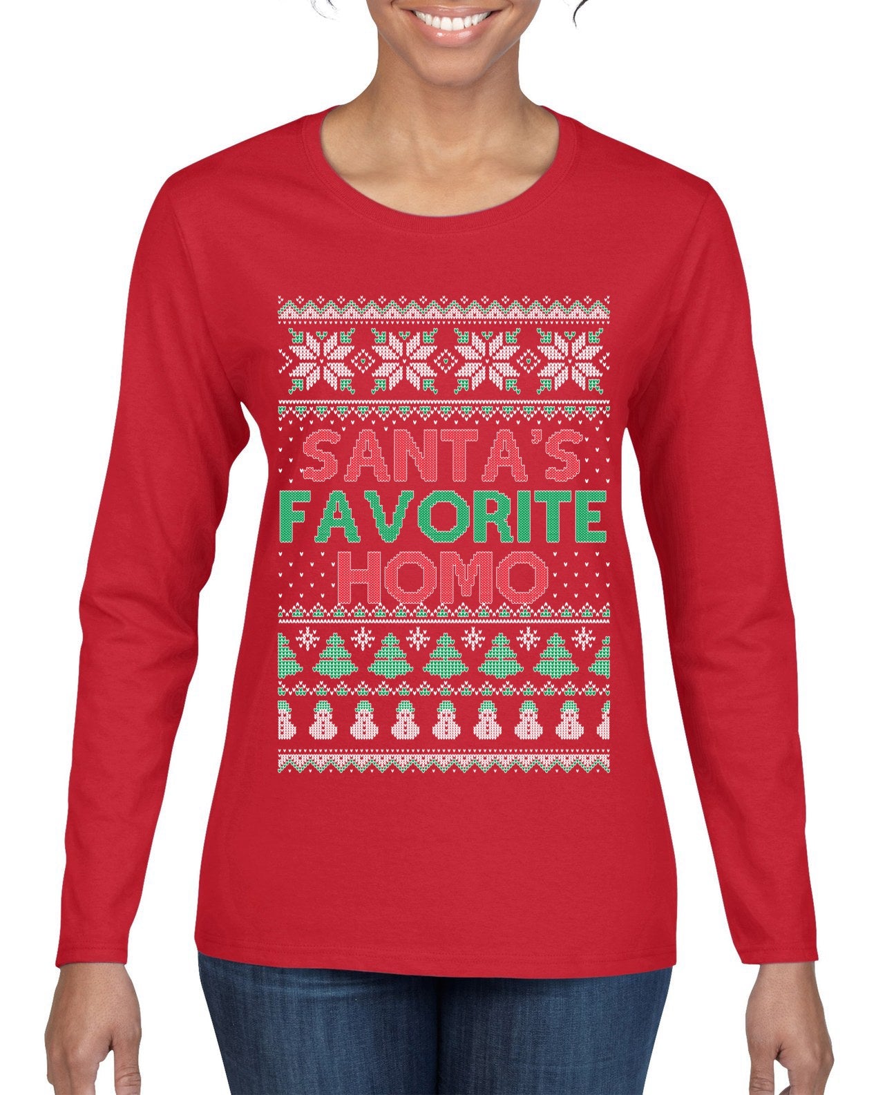 Santa's Favorite Homo Ugly Christmas Sweater Womens Graphic Long Sleeve T-Shirt