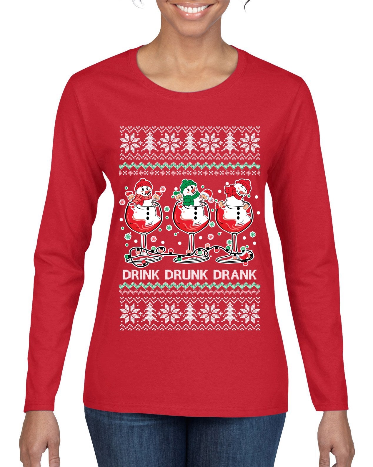 Holiday Spirits Drink Drank Drunk Snowmen Ugly Christmas Sweater Womens Graphic Long Sleeve T-Shirt