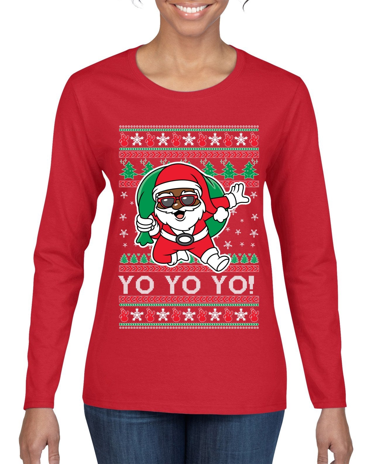 Yo Yo Yo Black Santa Ugly Christmas Sweater Womens Graphic Long Sleeve T-Shirt