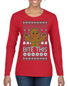 Bite This, Funny Gingerbread Cookie Offensive Inappropriate Middle Finger, F U Ginger Bread Dirty Novelty Xmas Ugly Christmas Sweater Womens Graphic Long Sleeve T-Shirt