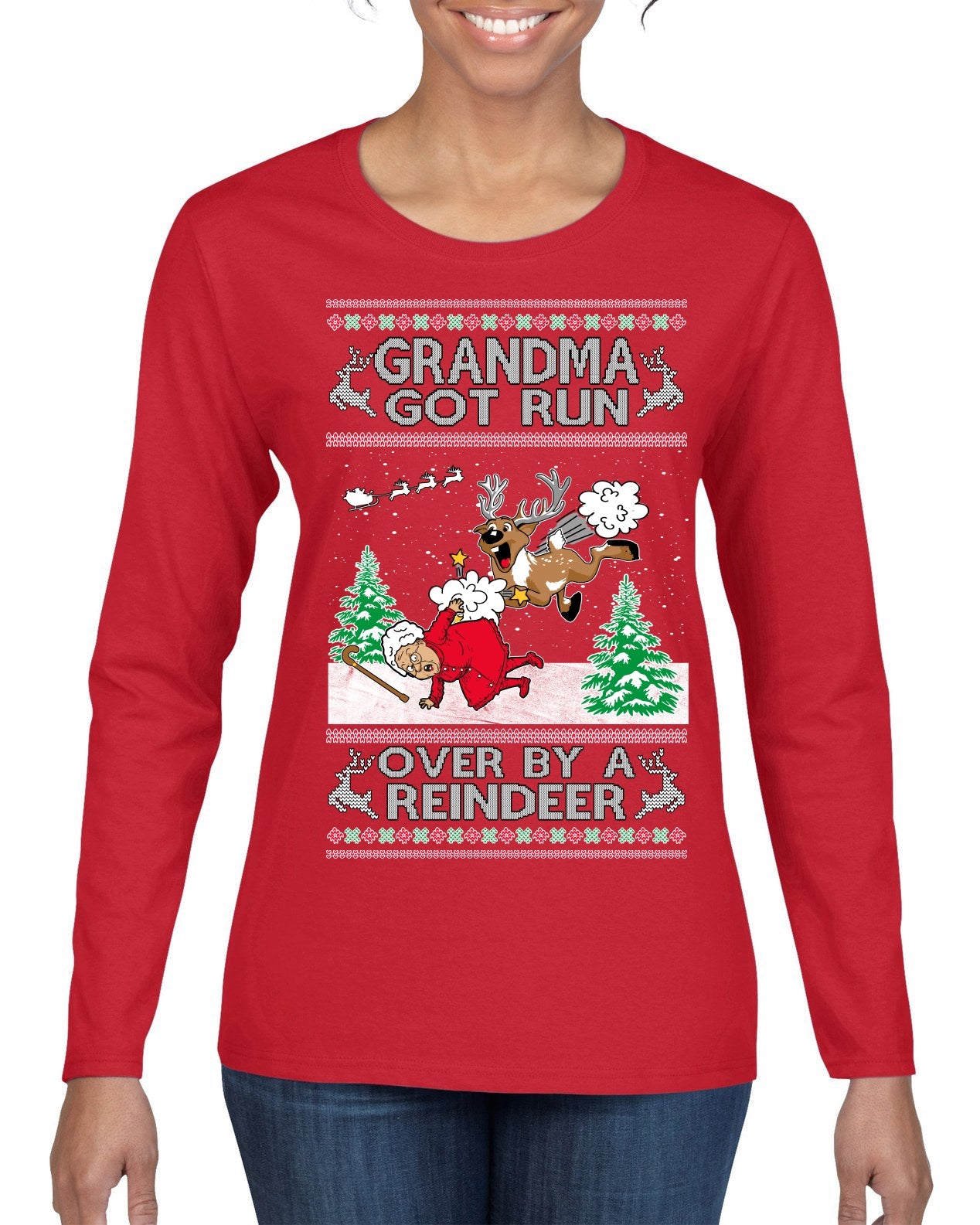 Grandma Got Run Over by a Reindeer, Funny Animated Design Rein Deer Kids TV Song Movie Ugly Christmas Sweater Womens Graphic Long Sleeve T-Shirt