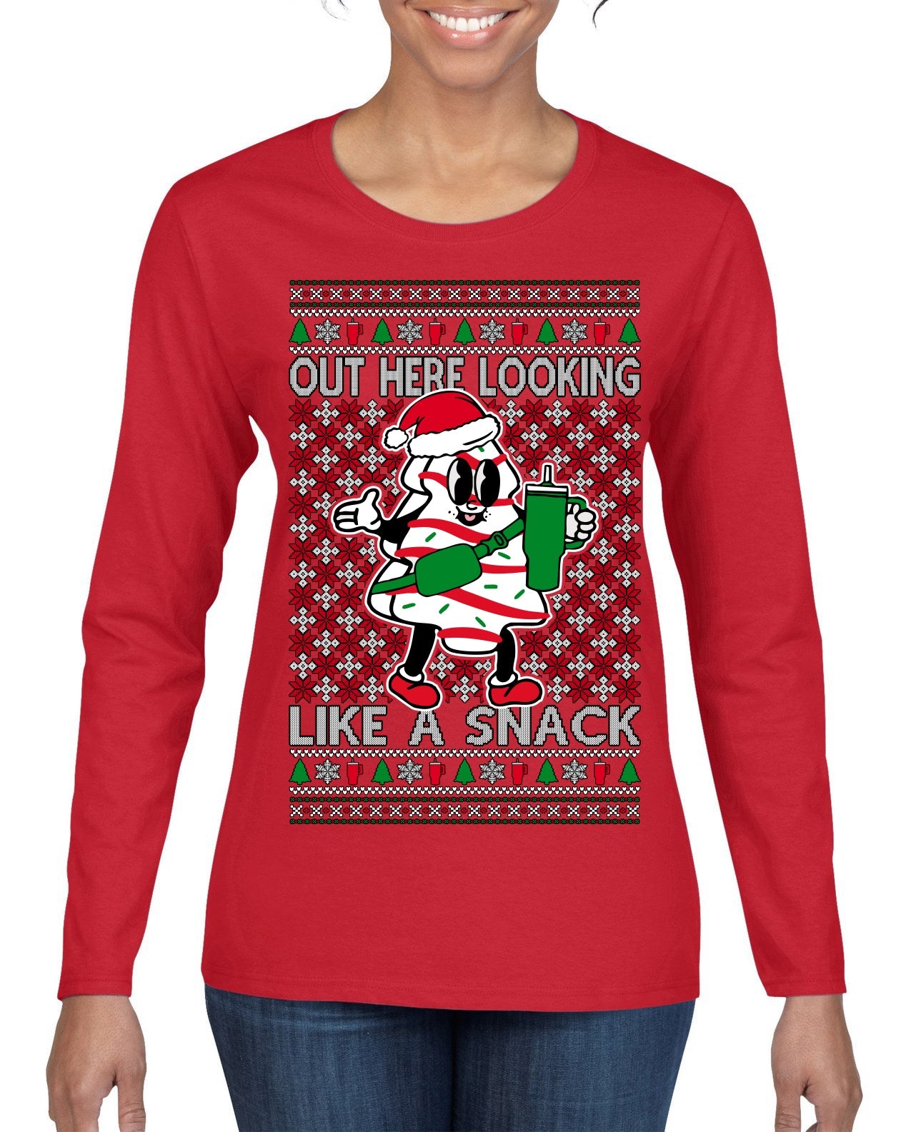 Out Here Looking Like a Snack Funny Cute Christmas Cookie Ugly Christmas Sweater Womens Graphic Long Sleeve T-Shirt