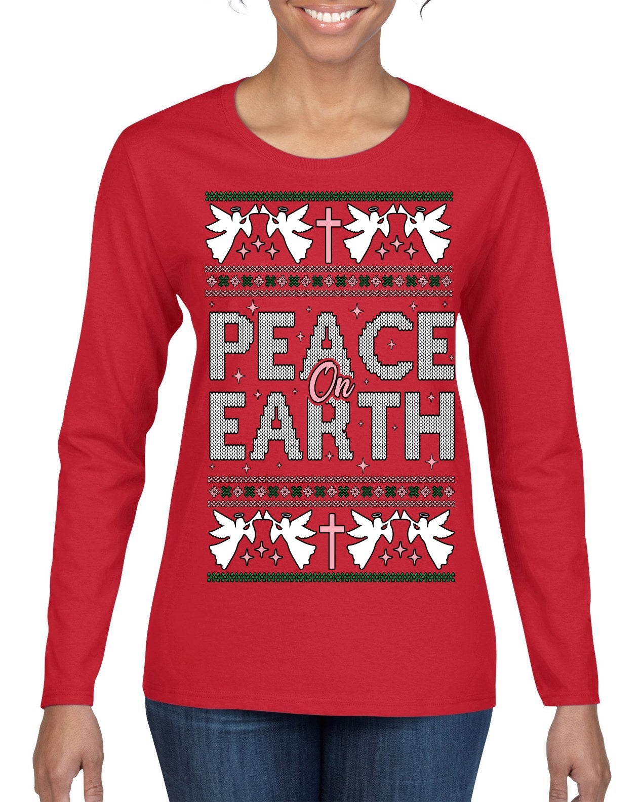 Peace On Earth Funny Xmas Cute Pink Angel Cross Ugly Christmas Sweater Womens Graphic Long Sleeve T-Shirt