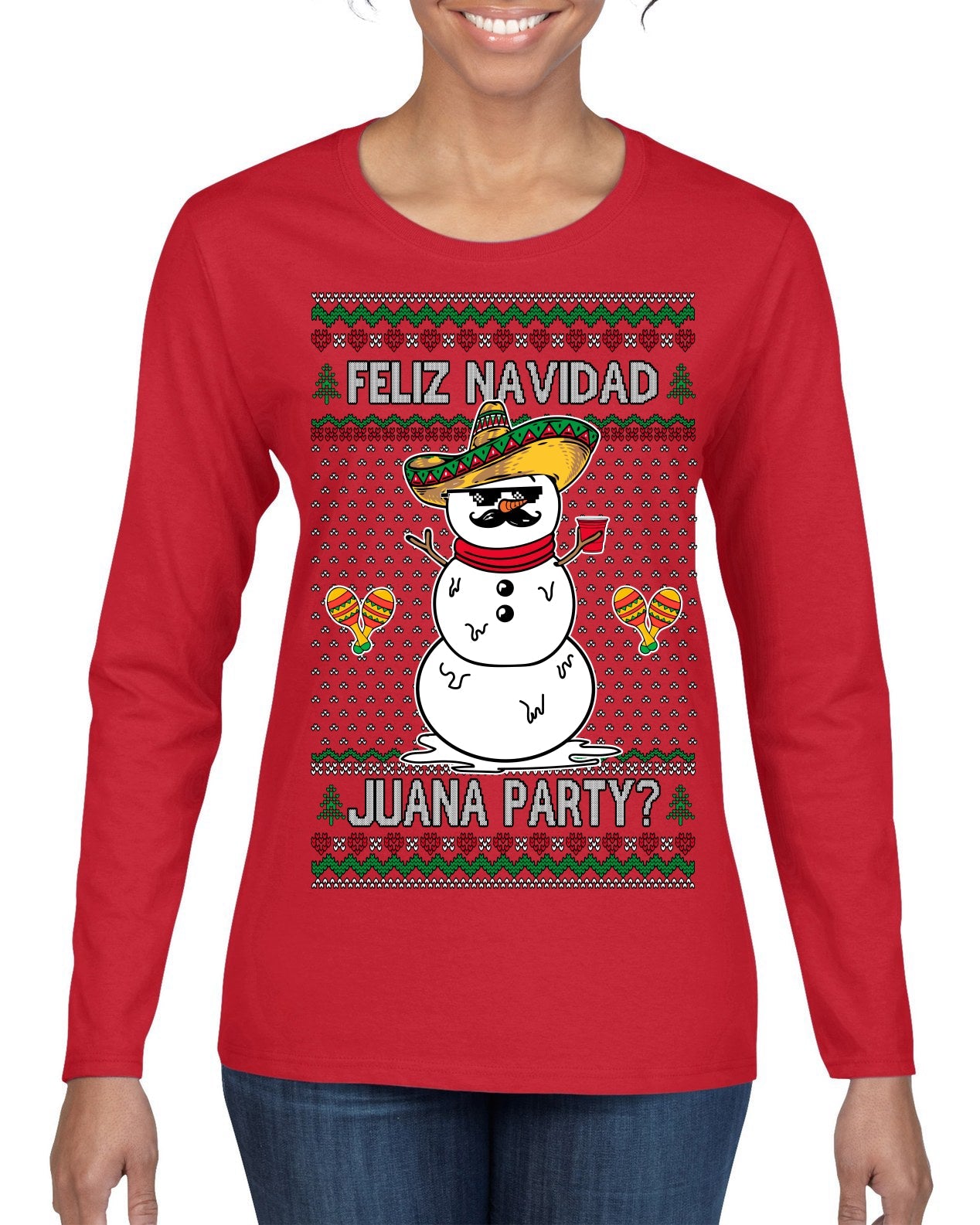 Feliz Navidad Juana Party Funny Spanish Drinking Cerveza Ugly Christmas Sweater Womens Graphic Long Sleeve T-Shirt