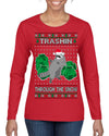 Trashin Through the Snow Funny Trash Panda Raccoon Meme Ugly Christmas Sweater Womens Graphic Long Sleeve T-Shirt