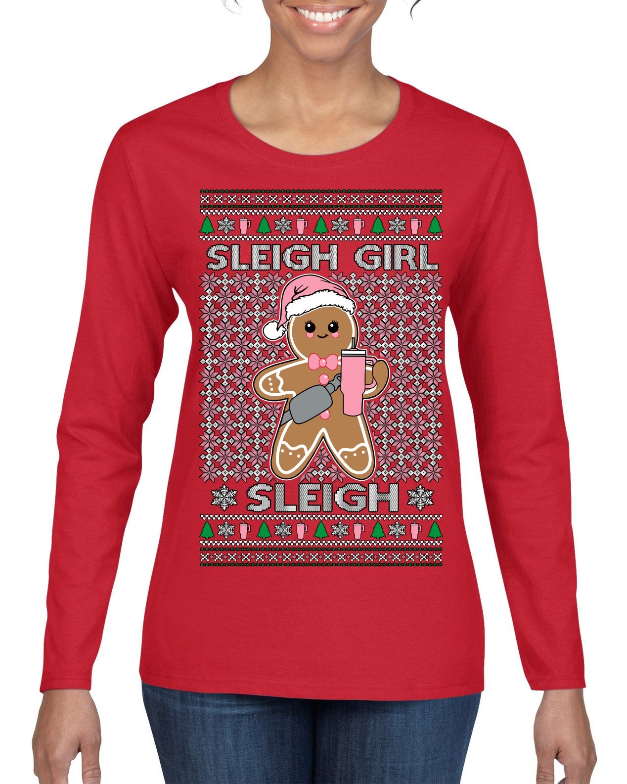 Sleigh Girl Sleigh Funny Trendy Pop Girly Sling Bag Coffee Cup Ugly Christmas Sweater Womens Graphic Long Sleeve T-Shirt