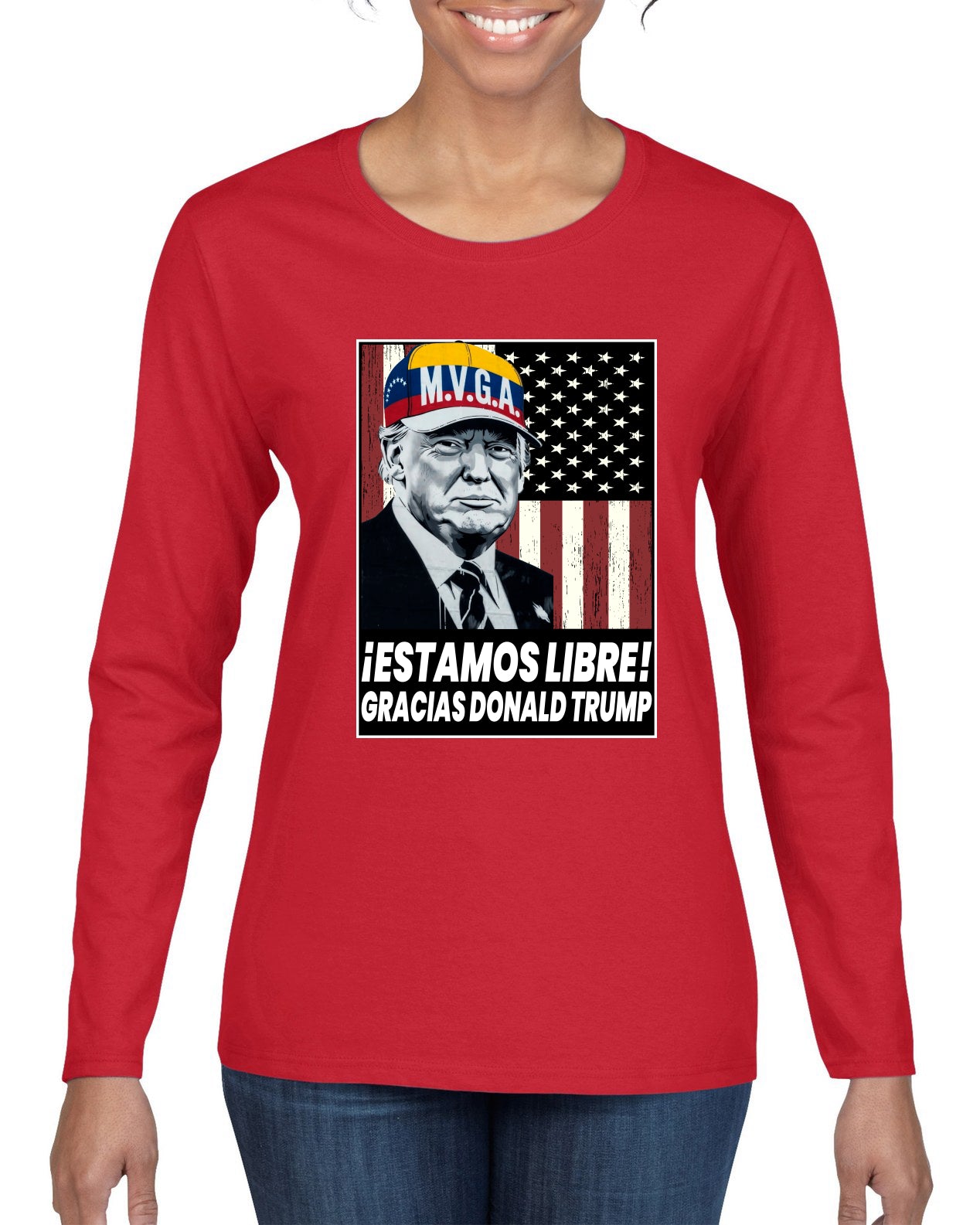 Estamos Libre, Gracias Donald Trump Make Venezuela Great Again Sweater, Womens Graphic Long Sleeve T-Shirt