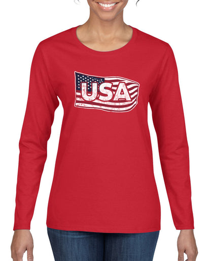 USA Winter Team Sports Fan Collection | USA Flowing Flag Sweater, Womens Graphic Long Sleeve T-Shirt