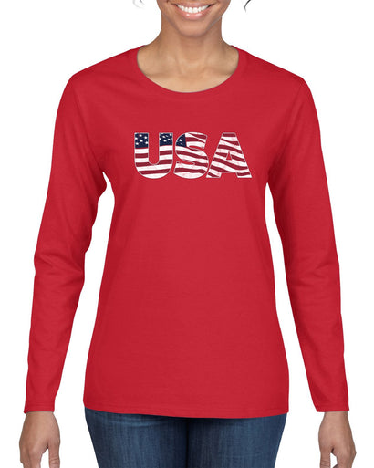 USA Winter Team Sports Fan Collection | USA Flag Fill Design Sweater, Womens Graphic Long Sleeve T-Shirt