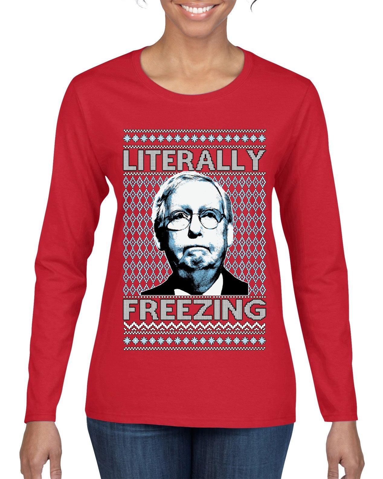 Literally Freezing McConnell Senator  Ugly Christmas Sweater Womens Graphic Long Sleeve T-Shirt