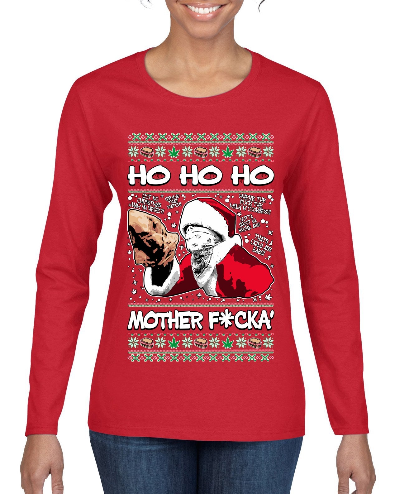 Friday Hood Santa  Ugly Christmas Sweater Womens Graphic Long Sleeve T-Shirt