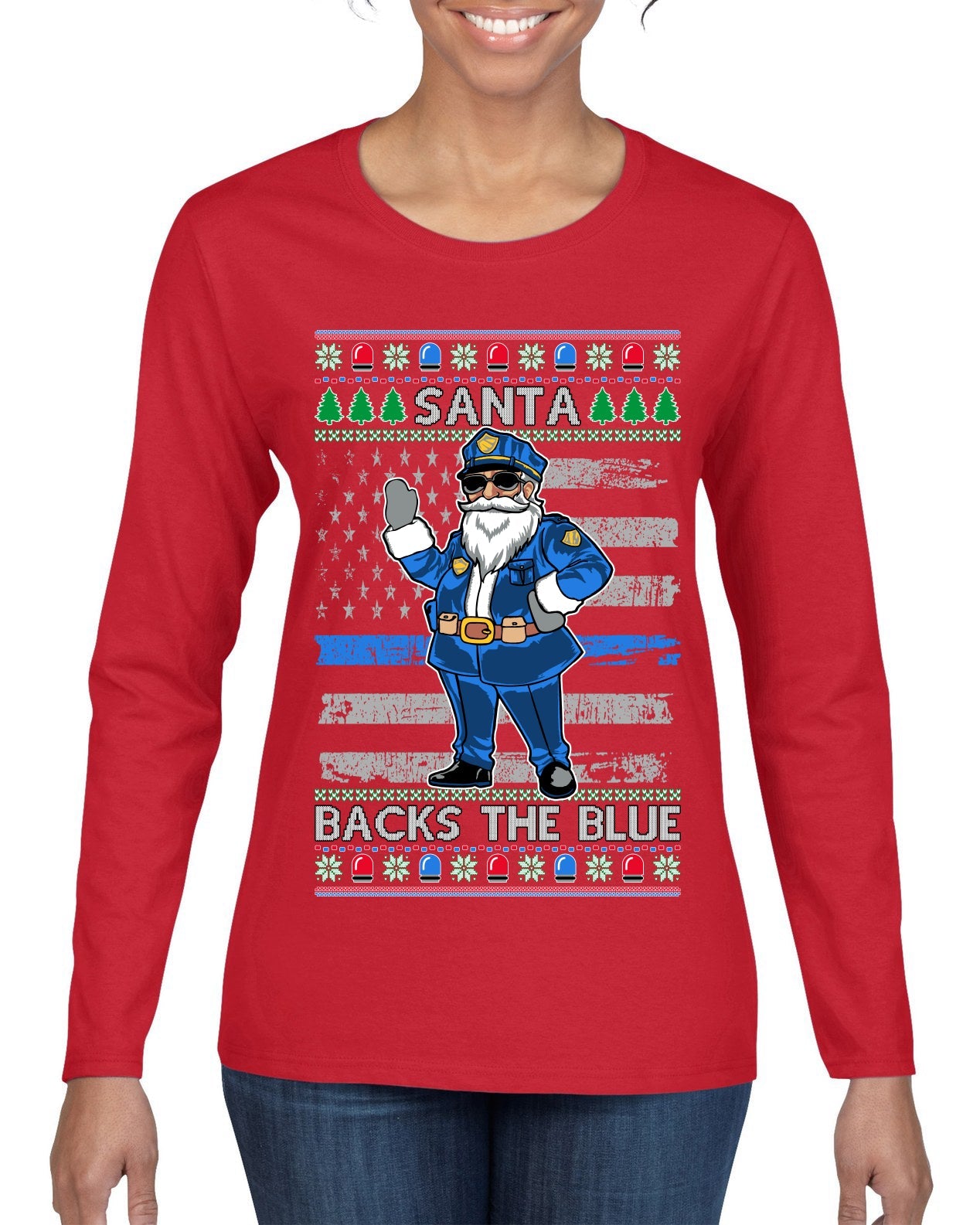 Santa Backs The Blue Pro Police Santa Claus Ugly Christmas Sweater Womens Graphic Long Sleeve T-Shirt