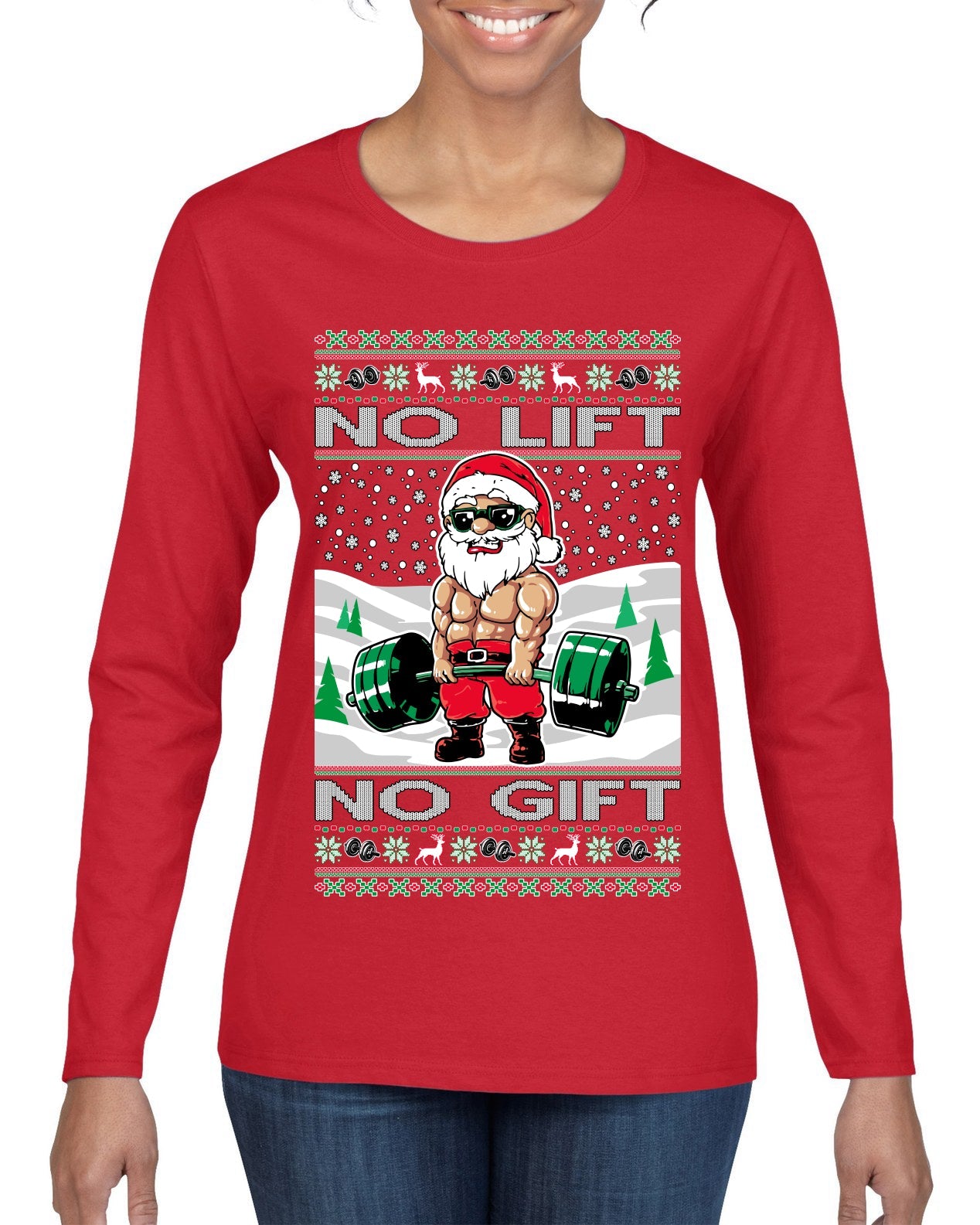 No Lift No Gift Fitness Workout Santa Ugly Christmas Sweater Womens Graphic Long Sleeve T-Shirt