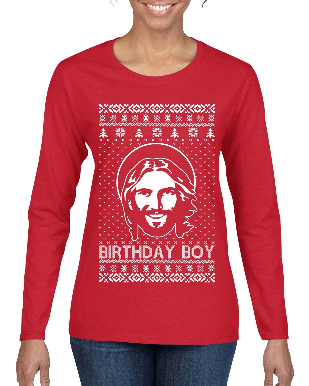 Birthday Boy Jesus Christ Ugly Christmas Sweater Womens Graphic Long Sleeve T-Shirt