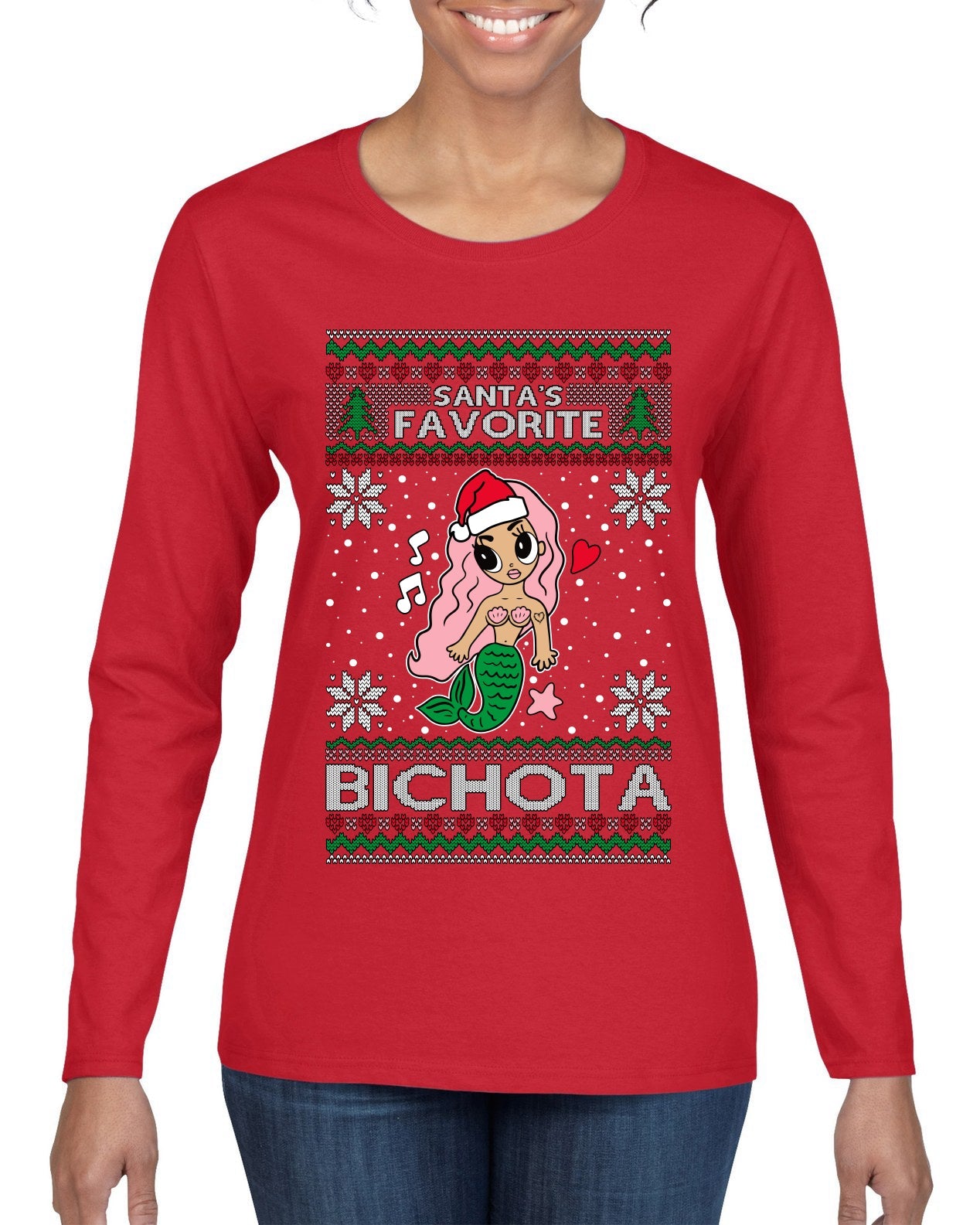 Christmas Karol Santa's Favorite Bichota Ugly Christmas Sweater Womens Graphic Long Sleeve T-Shirt