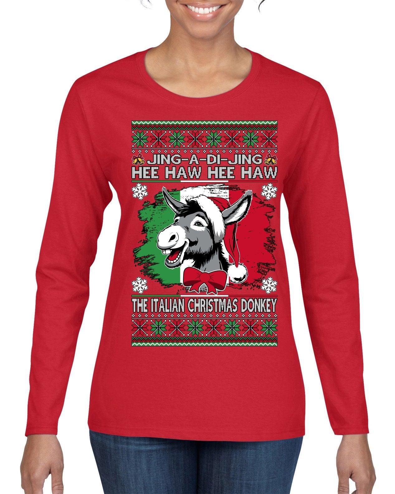 Jing a Di Jing Dominick the Italian Christmas Donkey Ugly Christmas Sweater Womens Graphic Long Sleeve T-Shirt
