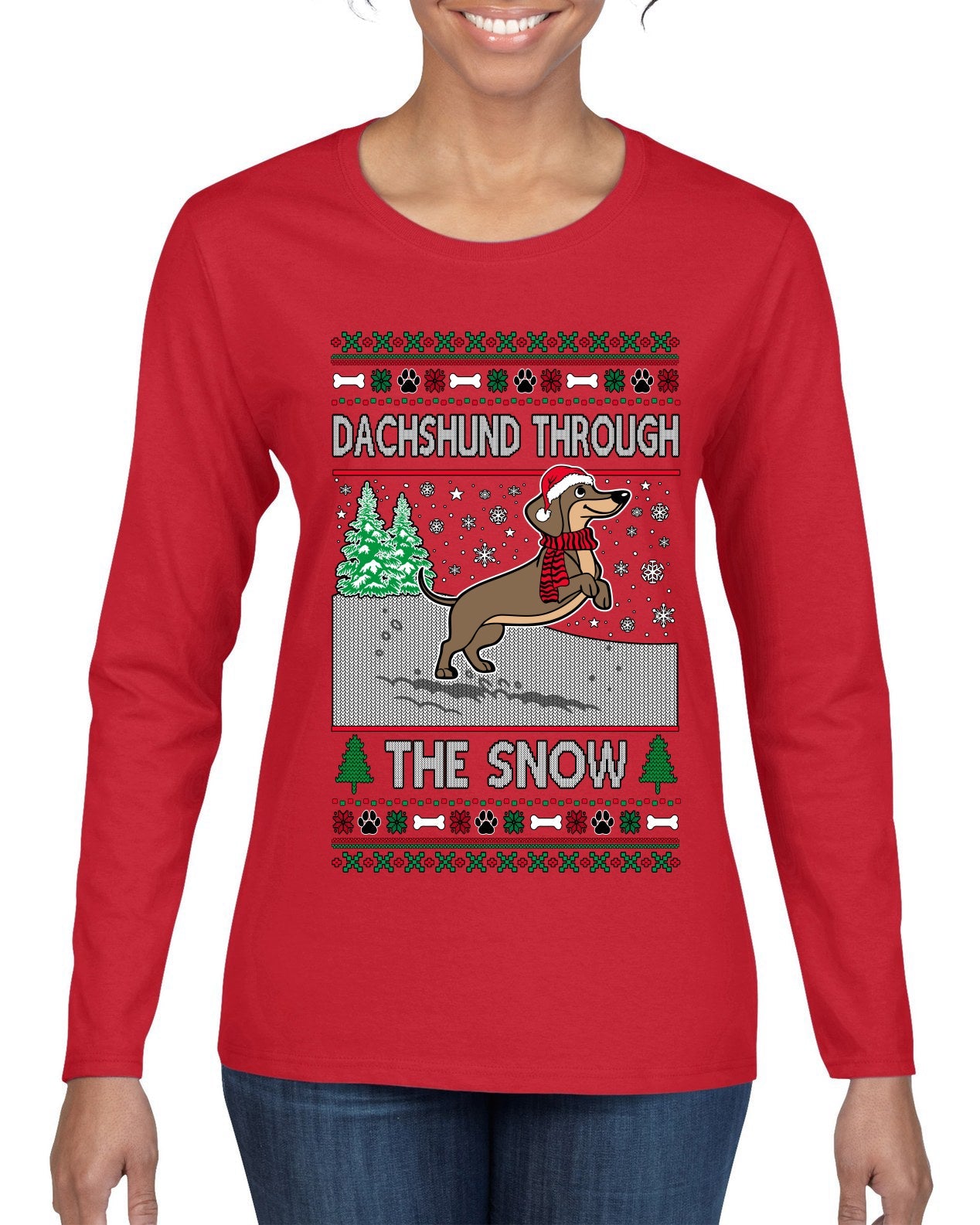 Dachshund Through The Snow, Cute Dog Christmas Sweater, Ugly Christmas Sweater Womens Graphic Long Sleeve T-Shirt