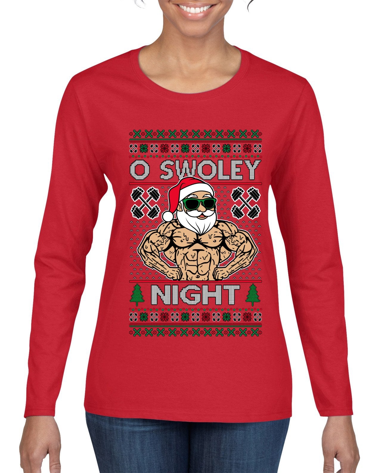 O Swoley Night, Exercise and Fitness Enthusiast, Ugly Christmas Sweater Womens Graphic Long Sleeve T-Shirt