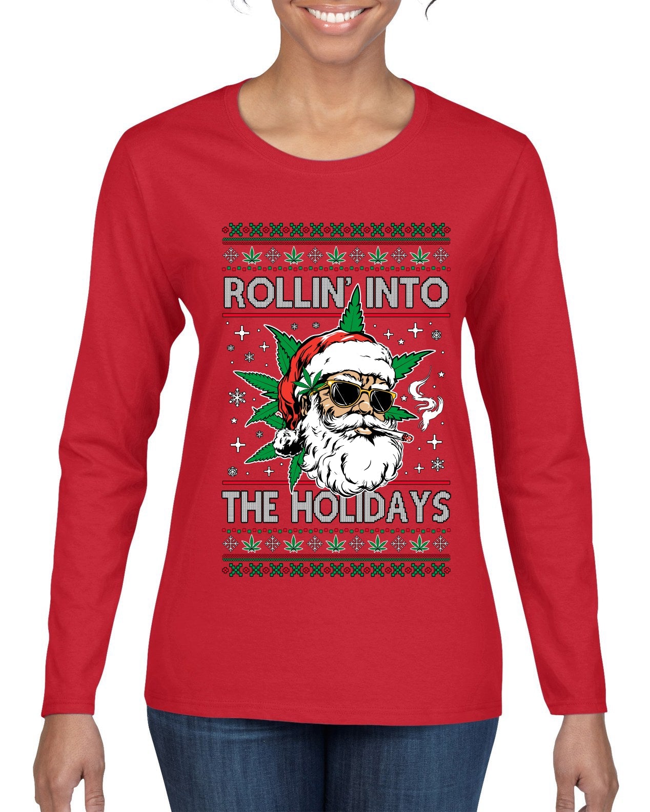 Rollin' Into The Holidays Christmas Sweater, Ugly Christmas Sweater Womens Graphic Long Sleeve T-Shirt