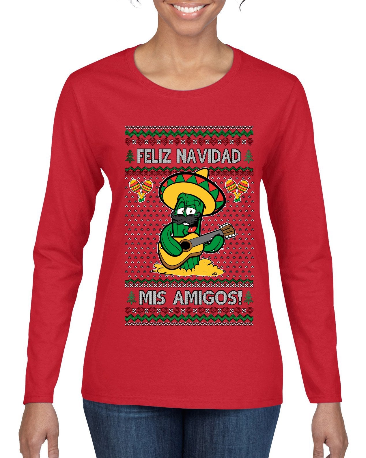 Feliz Navidad Mis Amigos!, Ugly Christmas Sweater Womens Graphic Long Sleeve T-Shirt