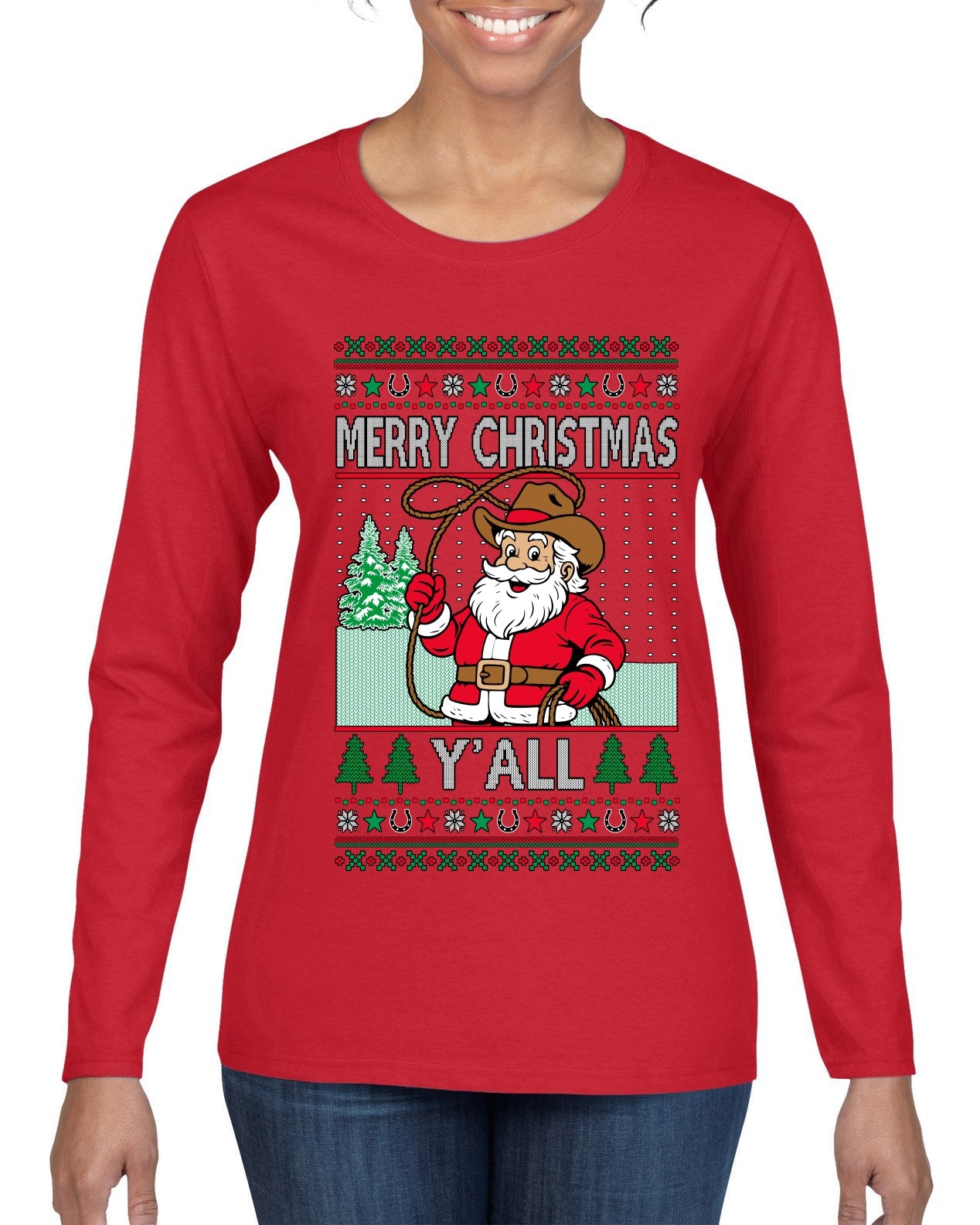 Merry Christmas Y'all Christmas Sweater, Ugly Christmas Sweater Womens Graphic Long Sleeve T-Shirt