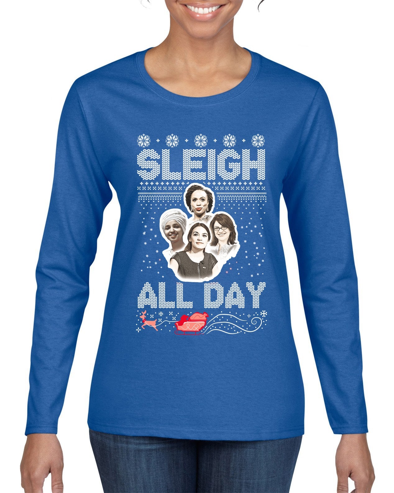 AOC The Squad Congresswomen Sleigh All Day Xmas Ugly Christmas Sweater Womens Graphic Long Sleeve T-Shirt