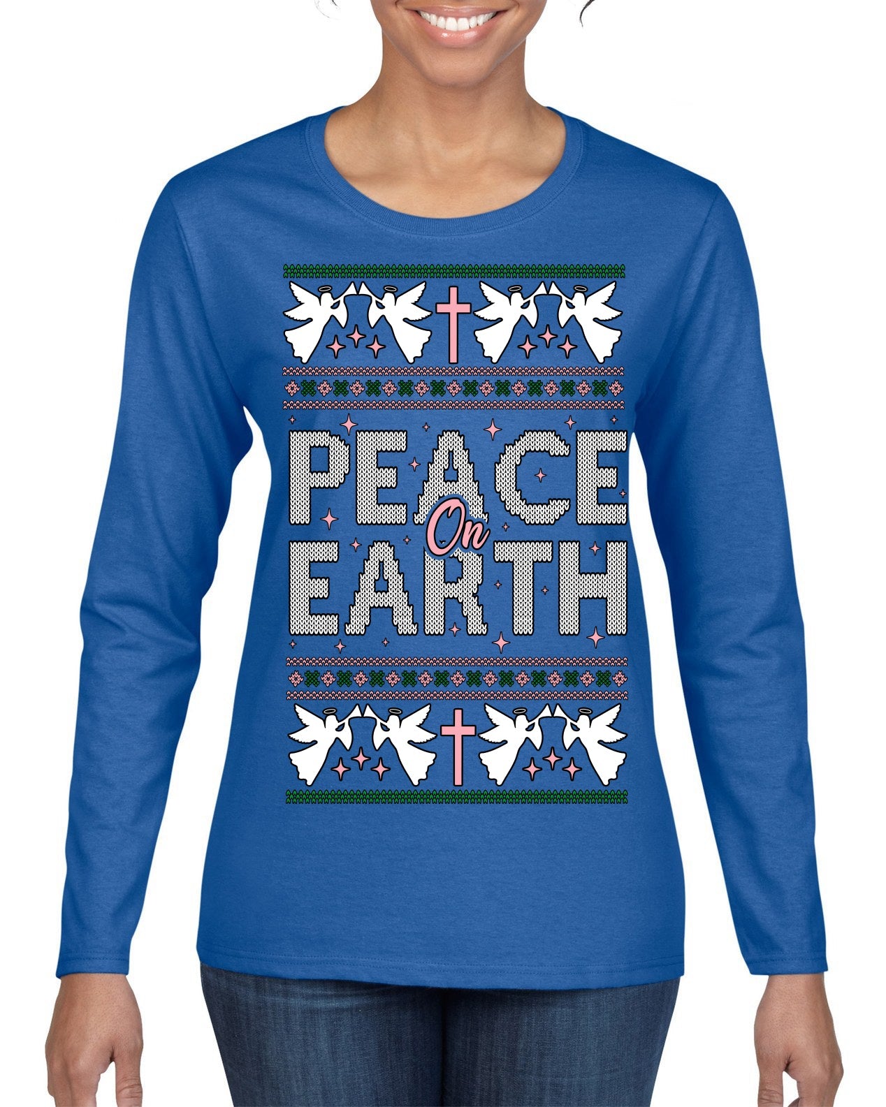 Peace On Earth Funny Xmas Cute Pink Angel Cross Ugly Christmas Sweater Womens Graphic Long Sleeve T-Shirt