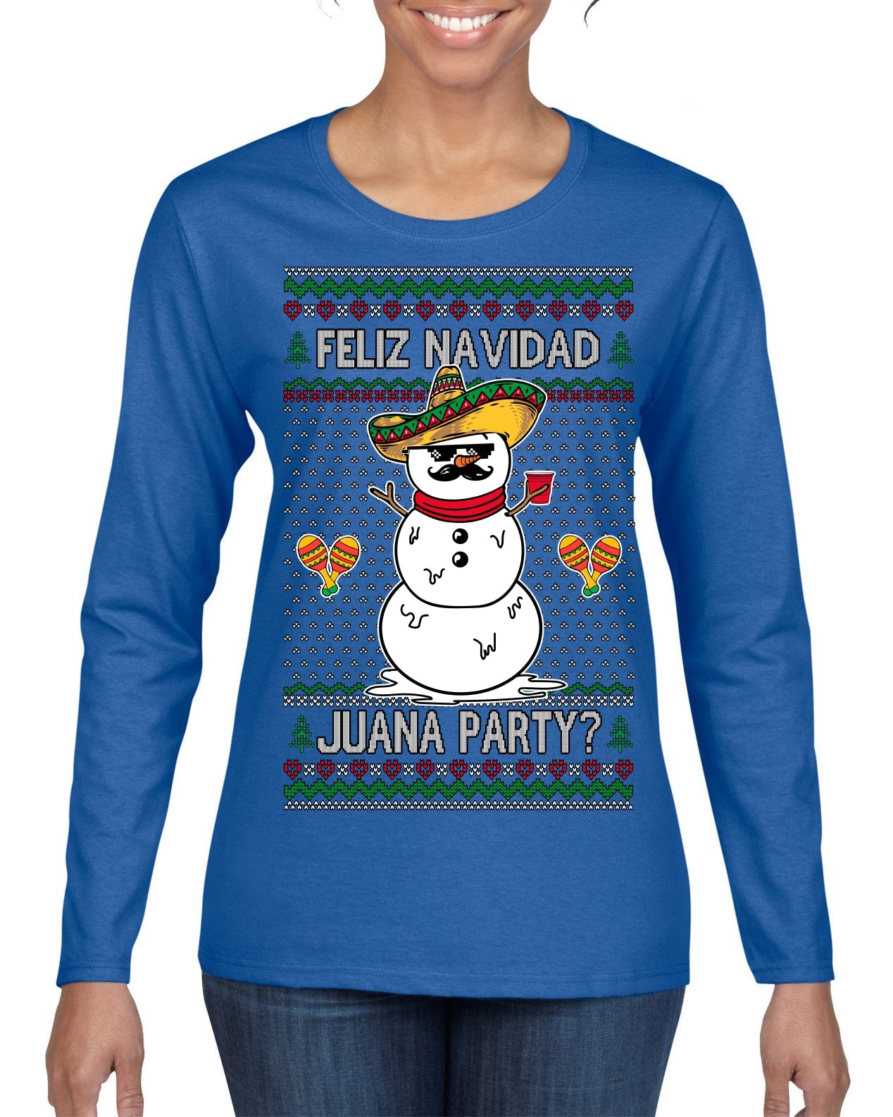 Feliz Navidad Juana Party Funny Spanish Drinking Cerveza Ugly Christmas Sweater Womens Graphic Long Sleeve T-Shirt