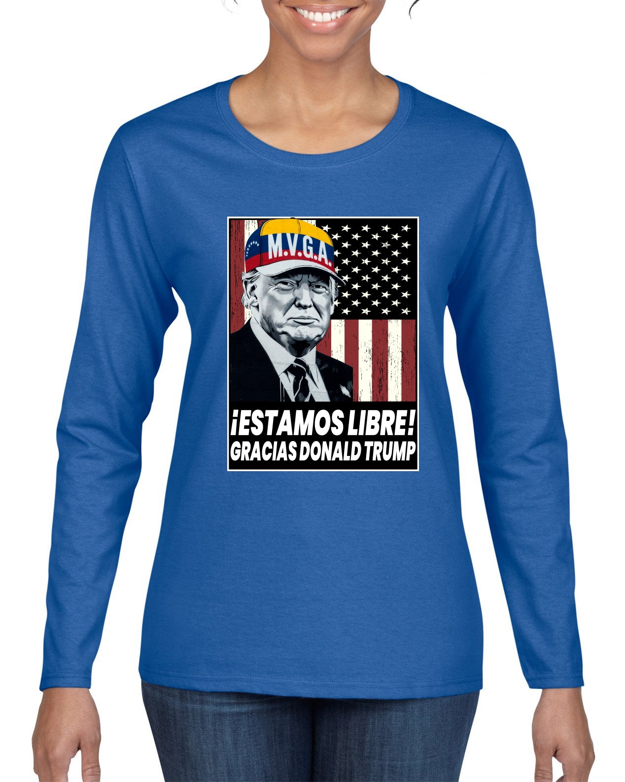 Estamos Libre, Gracias Donald Trump Make Venezuela Great Again Sweater, Womens Graphic Long Sleeve T-Shirt