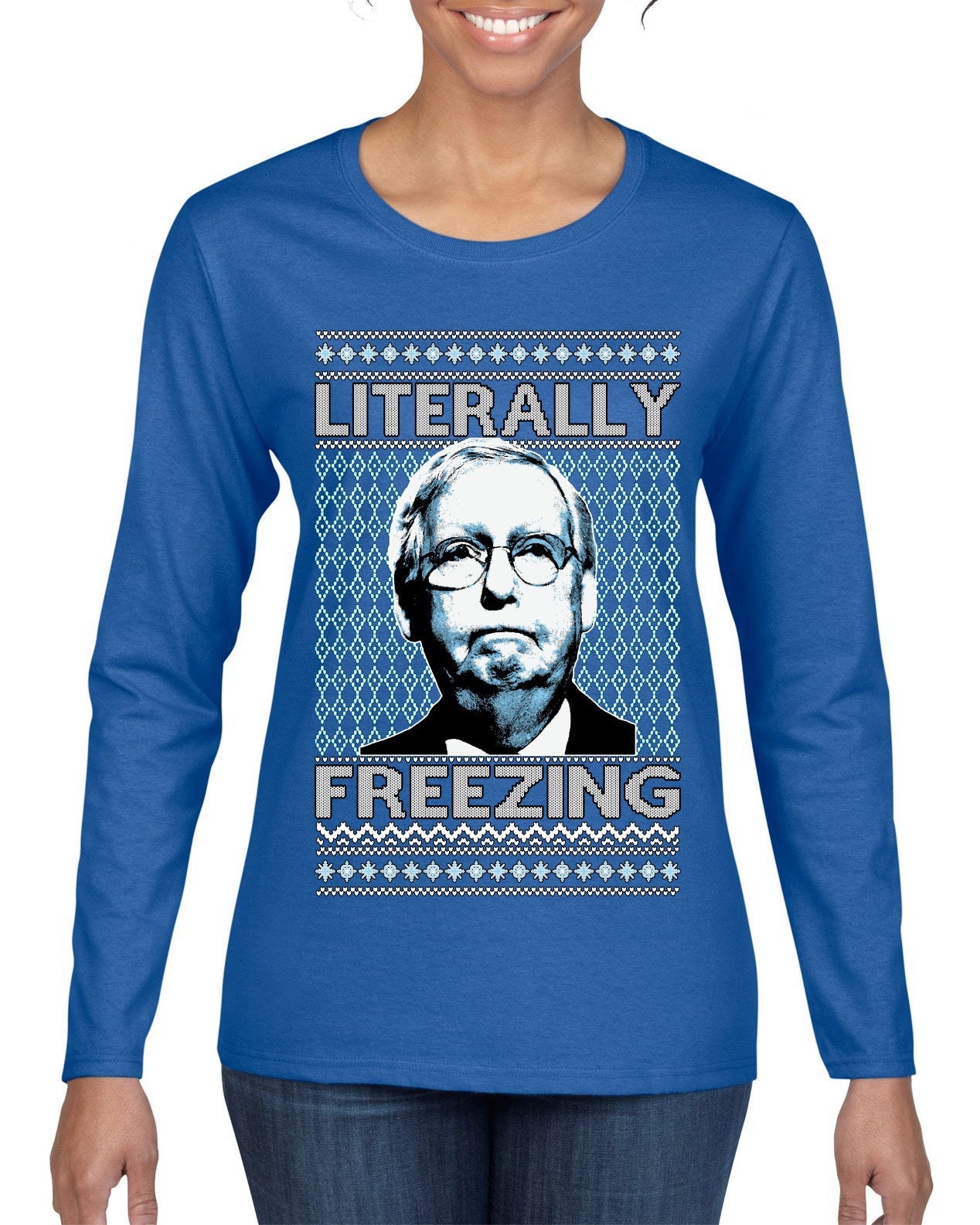 Literally Freezing McConnell Senator  Ugly Christmas Sweater Womens Graphic Long Sleeve T-Shirt