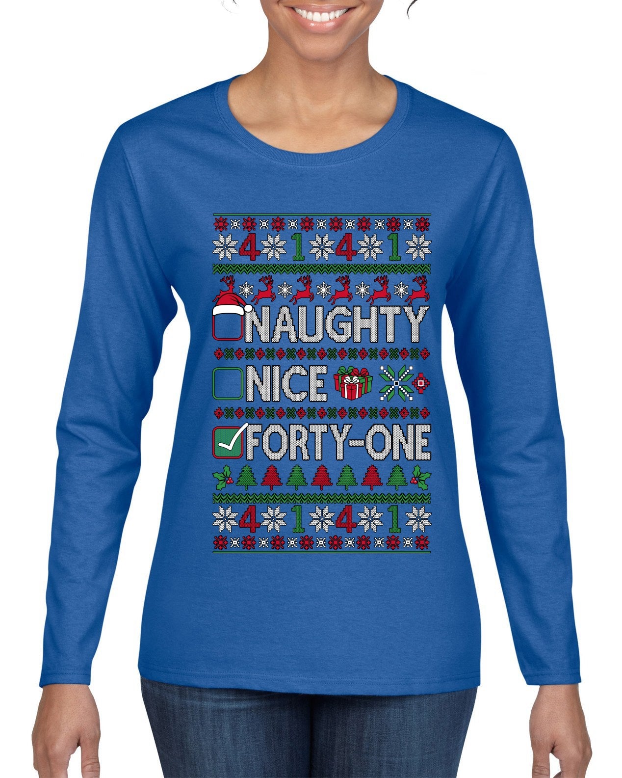 Naughty Nice 41, Ugly Christmas Unisex Sweater List, Extra Festive, Ugly Christmas Sweater Womens Graphic Long Sleeve T-Shirt