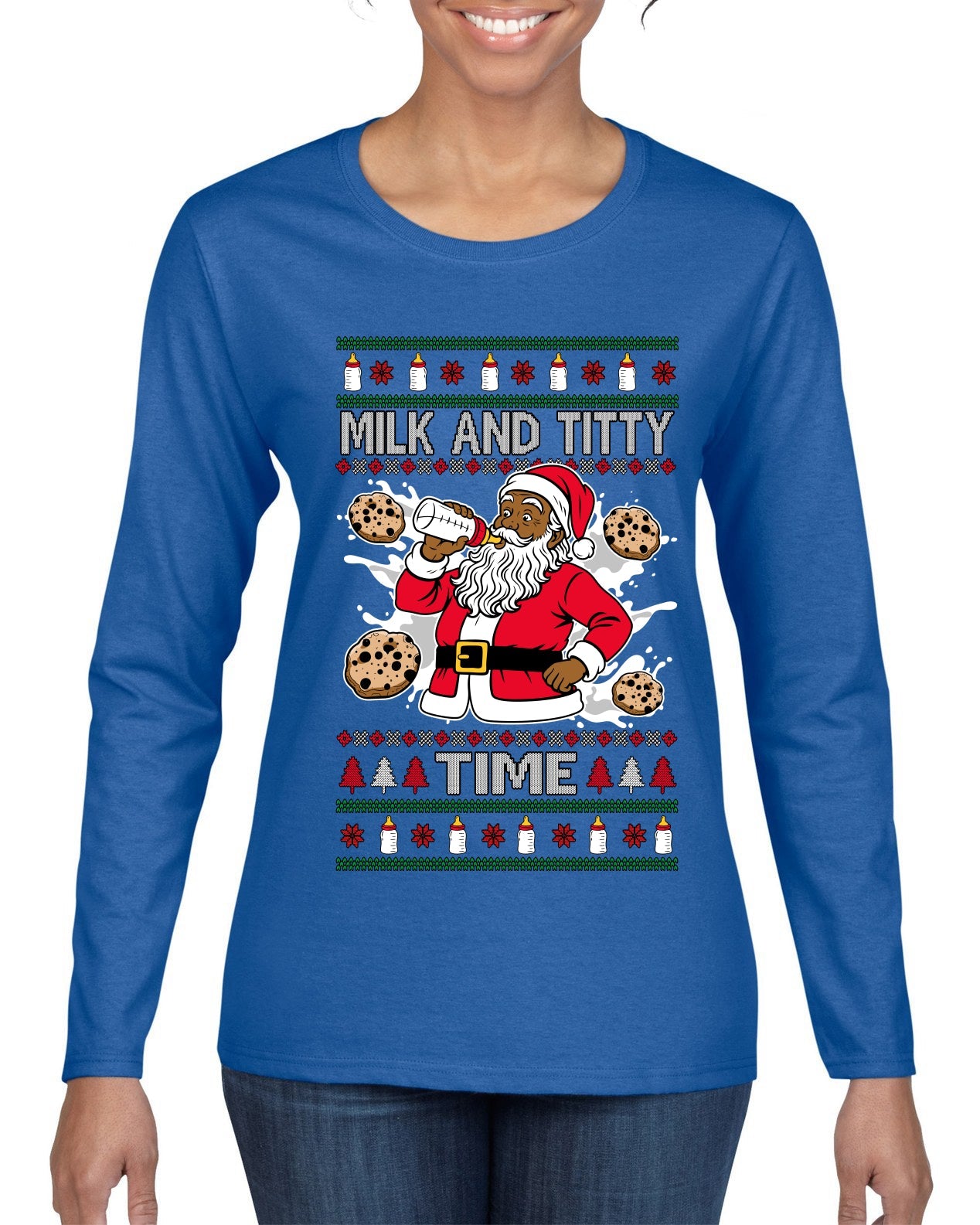 Milk And Titty Time Christmas Sweater, Ugly Christmas Sweater Womens Graphic Long Sleeve T-Shirt