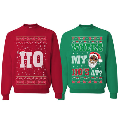 Where My Ho's At? Ho Ugly Christmas Matching Couples Crewneck Sweater