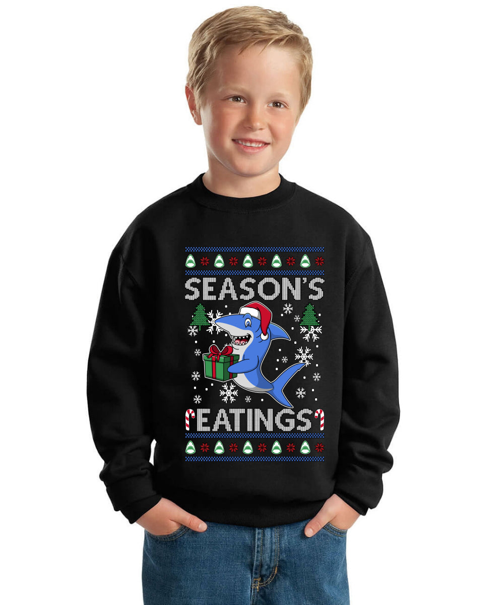 Season's Eatings Shark Ugly Christmas Sweater For Kids | Unisex Boys Girls Crewneck Graphic Sweatshirt