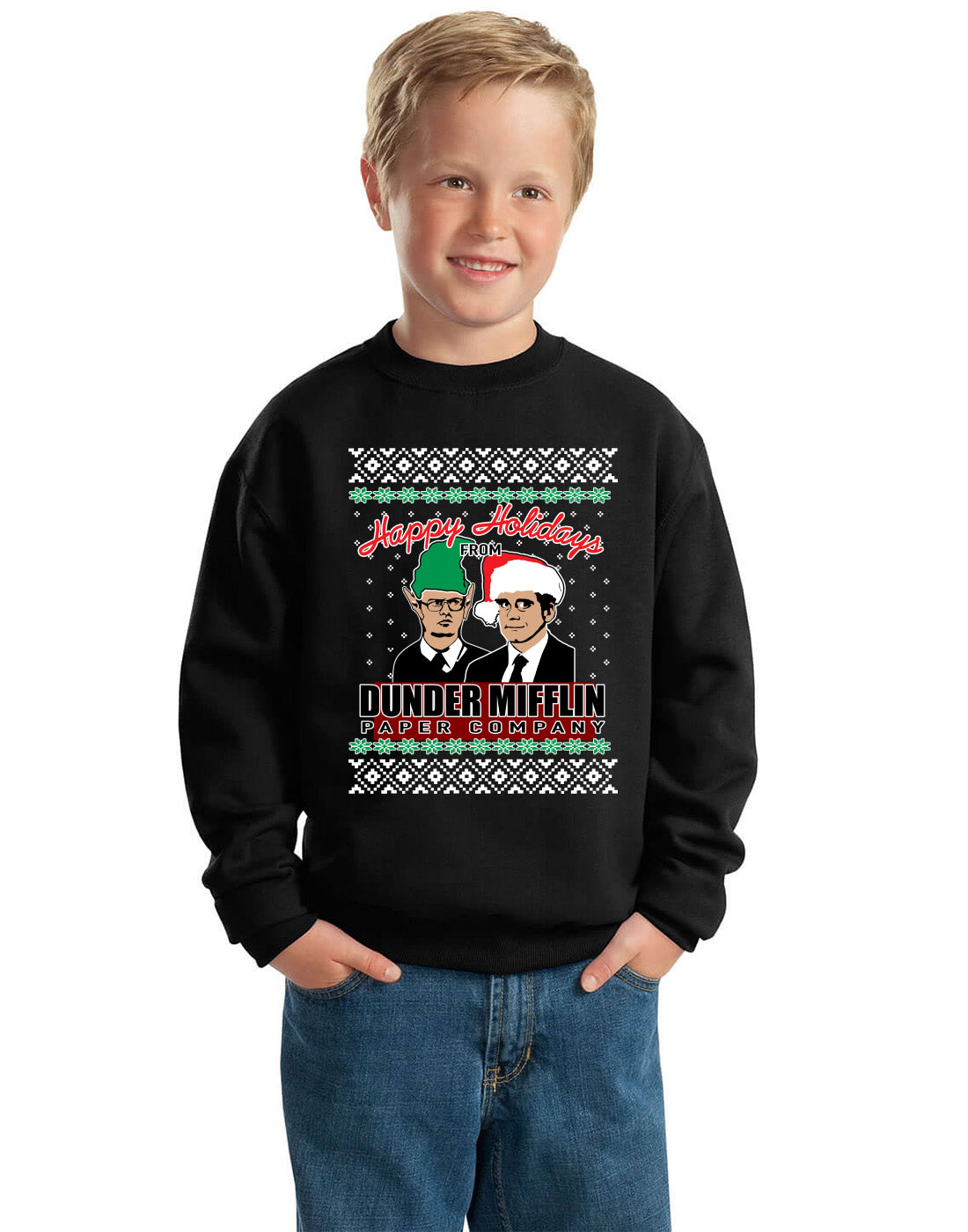 Happy Holidays From Dunder Mifflin Inc, Paper Company Mike and Dwight Ugly Christmas Sweater Unisex Boys Girls Crewneck Graphic Sweatshirt