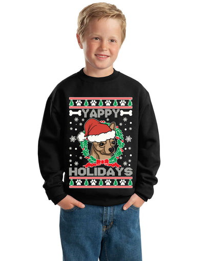 Yappy Holidays Ugly Christmas Sweater Unisex Boys Girls Crewneck Graphic Sweatshirt