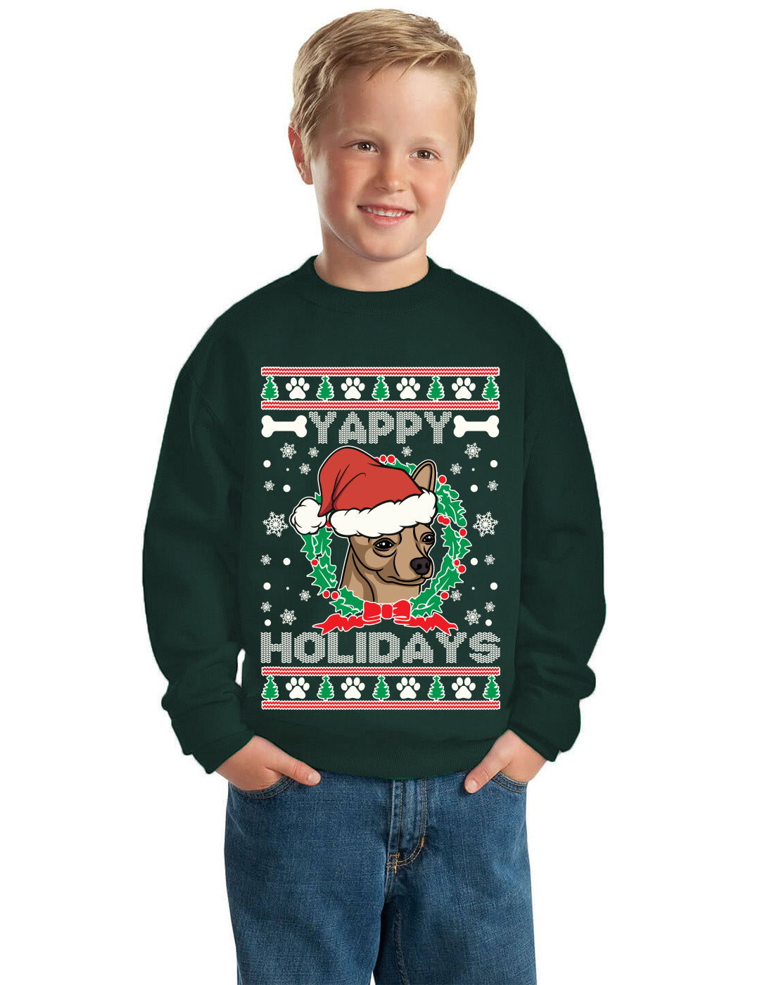 Yappy Holidays Ugly Christmas Sweater Unisex Boys Girls Crewneck Graphic Sweatshirt