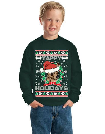 Yappy Holidays Ugly Christmas Sweater Unisex Boys Girls Crewneck Graphic Sweatshirt