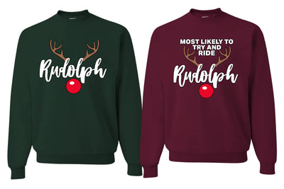 Most Likely To Try And Ride Reindeer Red Nose Couples Sweatshirt Ugly Christmas Matching Couple Crewneck Sweater Crewneck Sweatshirt
