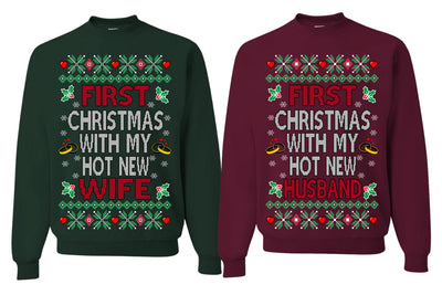 First Christmas With My Hot New Husband, New Wife, Classic Just Married Winter Holiday Newlywed Fiancee Marriage Wedding Girlfriend Boyfriend Gift His and Hers Matching Ugly Christmas Couples Sweater Crewneck Sweatshirt