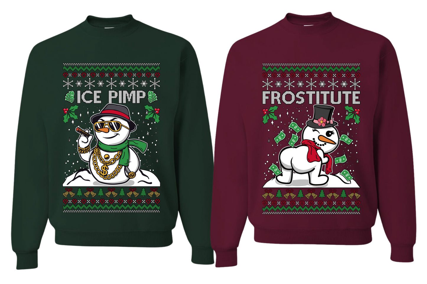 Frostitute Ice Pimp Snowmen Sweater Girlfriend Boyfriend Gift His and Hers Matching Ugly Christmas Couple Crewneck Sweatshirt