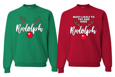 Most Likely To Try And Ride Reindeer Red Nose Couples Sweatshirt Ugly Christmas Matching Couple Crewneck Sweater Crewneck Sweatshirt