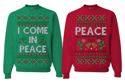 I Come in Peace Funny Matching His and Hers Couples Sweatshirt Ugly Christmas Matching Couple Sweater Crewneck Sweatshirt