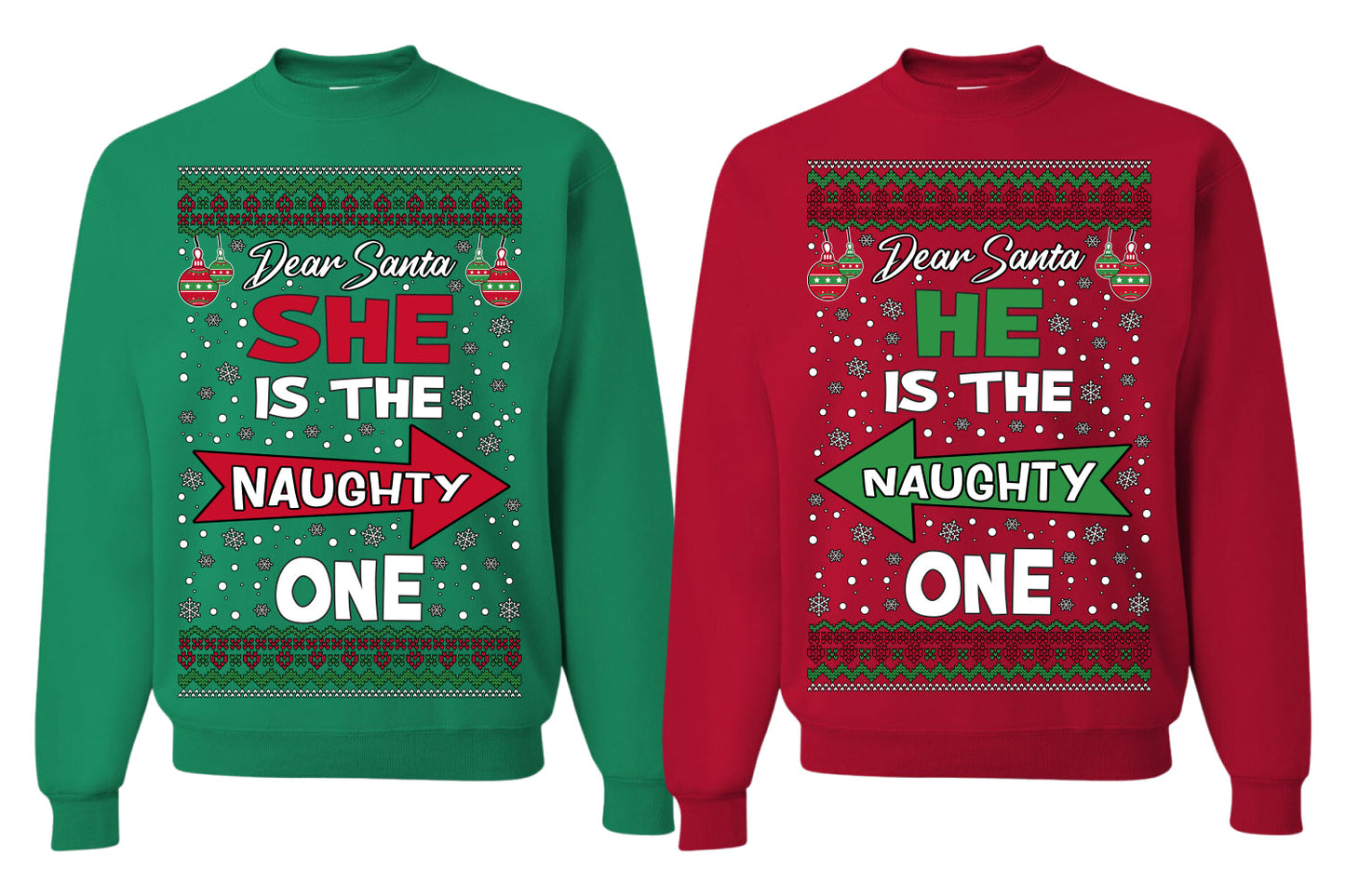 She is Naughty One, He is the Naughty One Funny Couples Sweatshirt Ugly Christmas Matching Couple Sweater Crewneck Sweatshirt