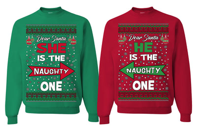 She is Naughty One, He is the Naughty One Funny Couples Sweatshirt Ugly Christmas Matching Couple Sweater Crewneck Sweatshirt