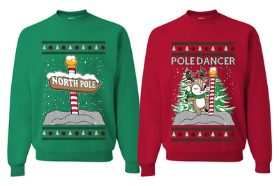 North Pole, Pole Dancer Sweater Girlfriend Boyfriend Gift His and Hers Matching Ugly Christmas Couple Crewneck Sweatshirt