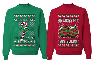 She Likes My Peppermint Stick, He Likes My Big Bulbs Sweater Girlfriend Boyfriend Gift His and Hers Matching Ugly Christmas Couple Crewneck Sweatshirt