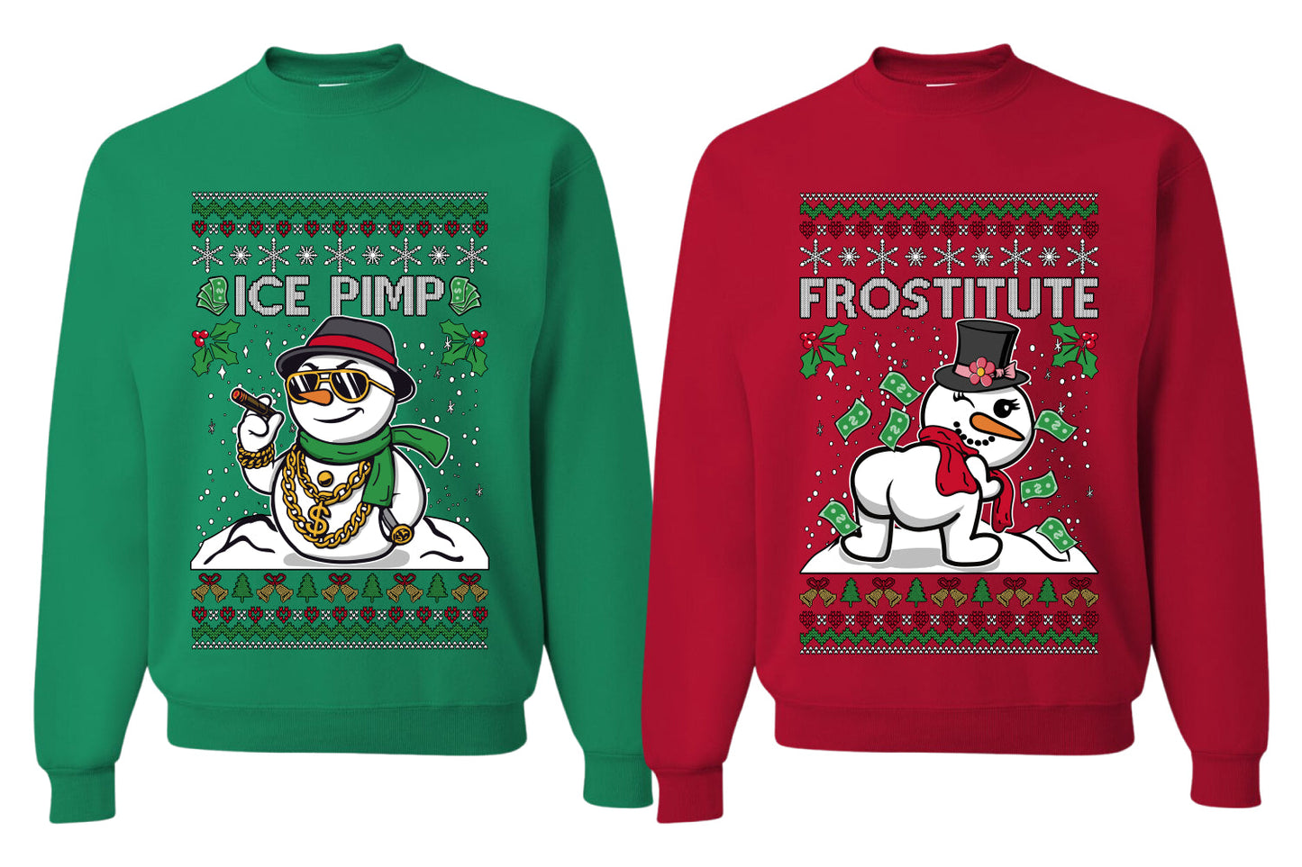 Frostitute Ice Pimp Snowmen Sweater Girlfriend Boyfriend Gift His and Hers Matching Ugly Christmas Couple Crewneck Sweatshirt