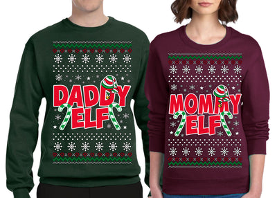 Daddy Elf, Mommy Elf Holiday Winter | Couples Cute Funny Girlfriend Boyfriend Gift His and Hers Matching Ugly Christmas Couples Sweater Crewneck Sweatshirt